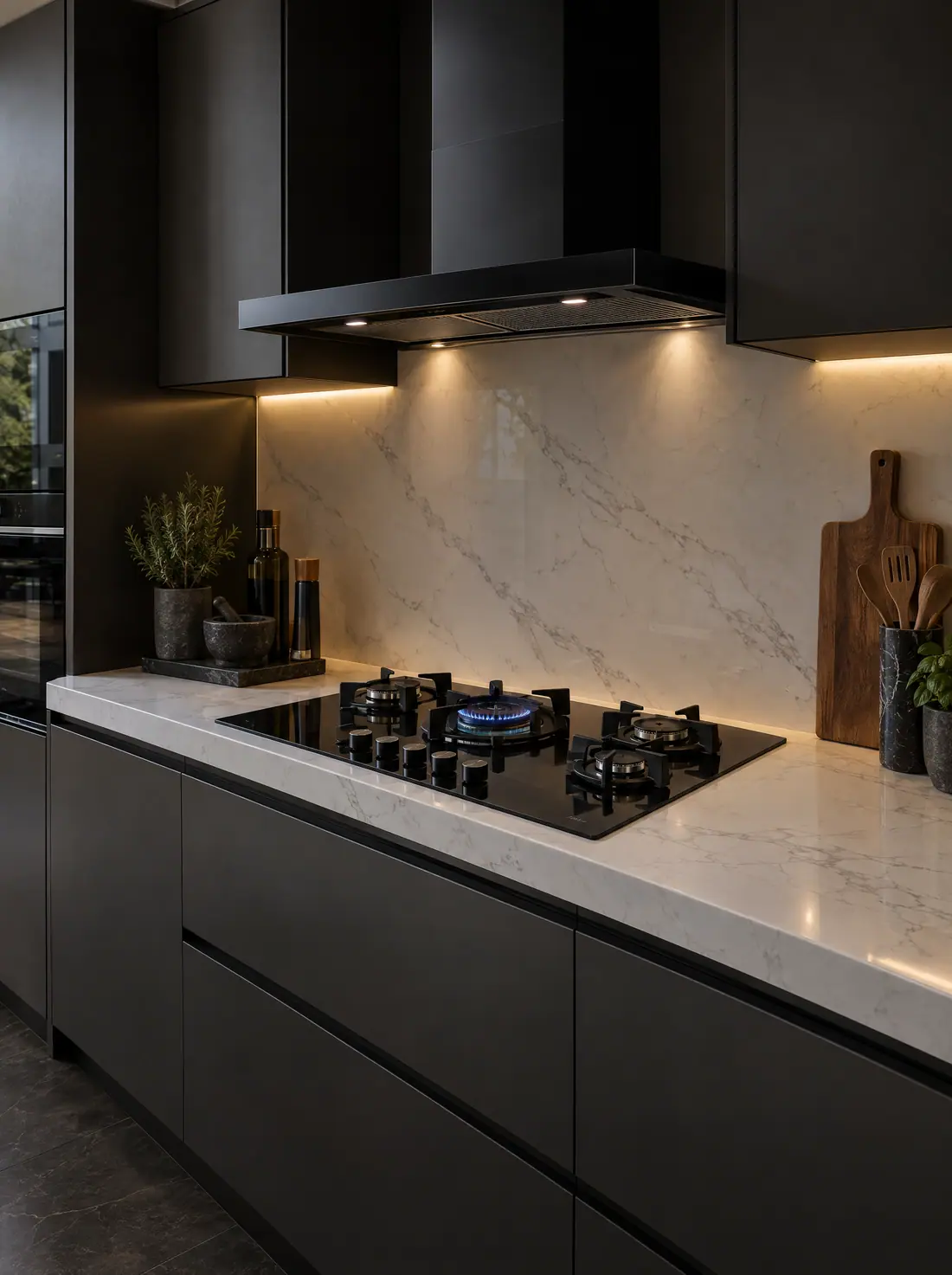 Black glass hob under a slim chimney hood (AI illustration)
