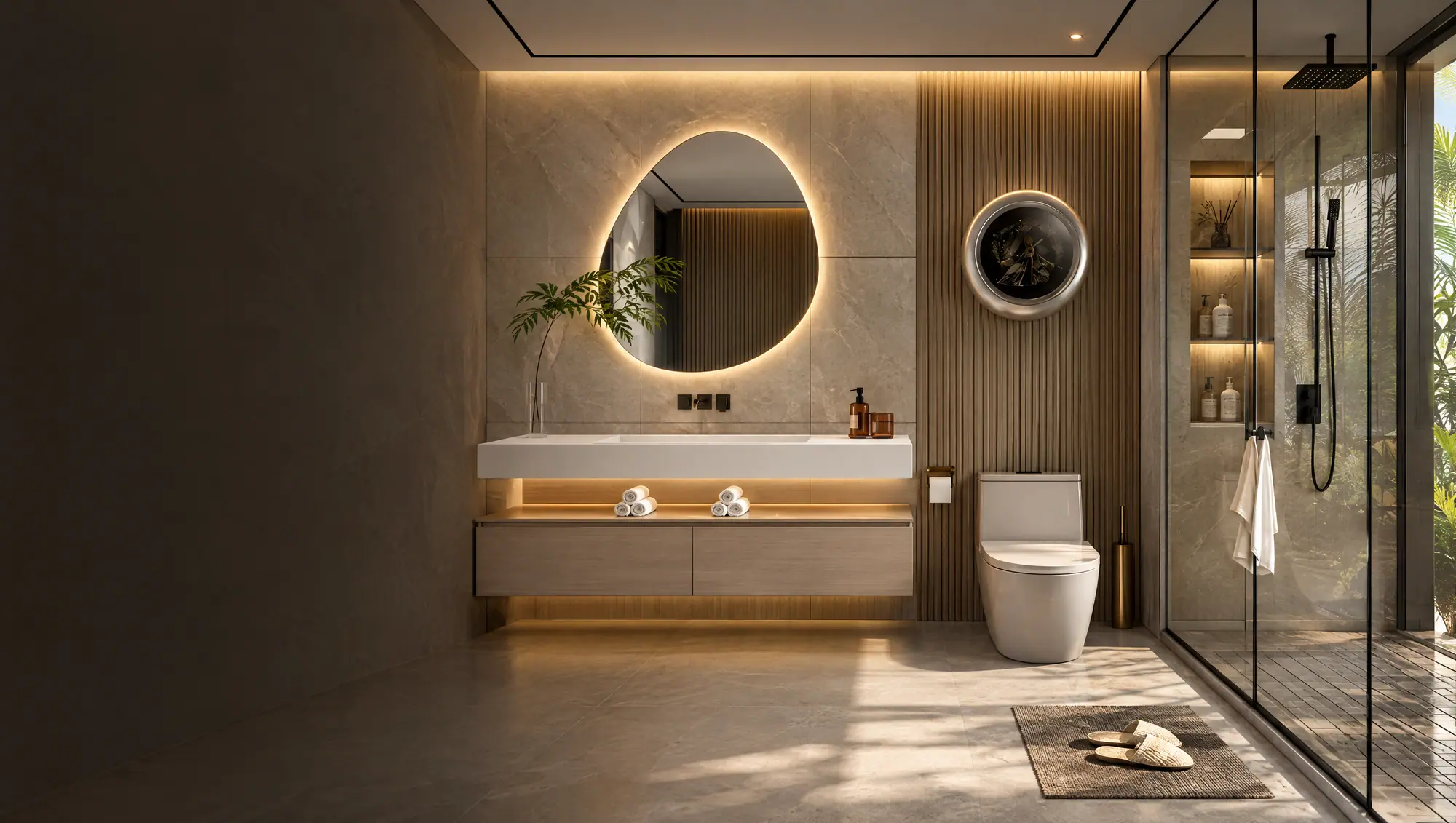 Modern bathroom with a floating oak vanity and backlit mirror (AI visualisation)