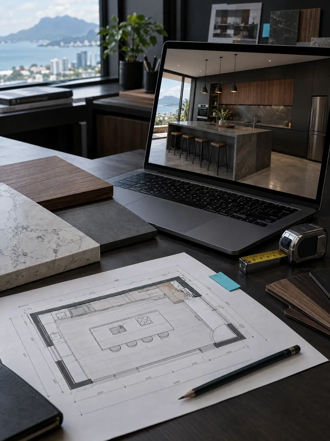 Designer desk with a 3D kitchen render and floor plan (AI illustration)