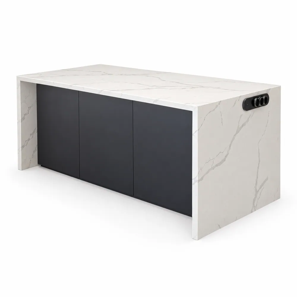 3D model of a graphite kitchen island with a white quartz waterfall top