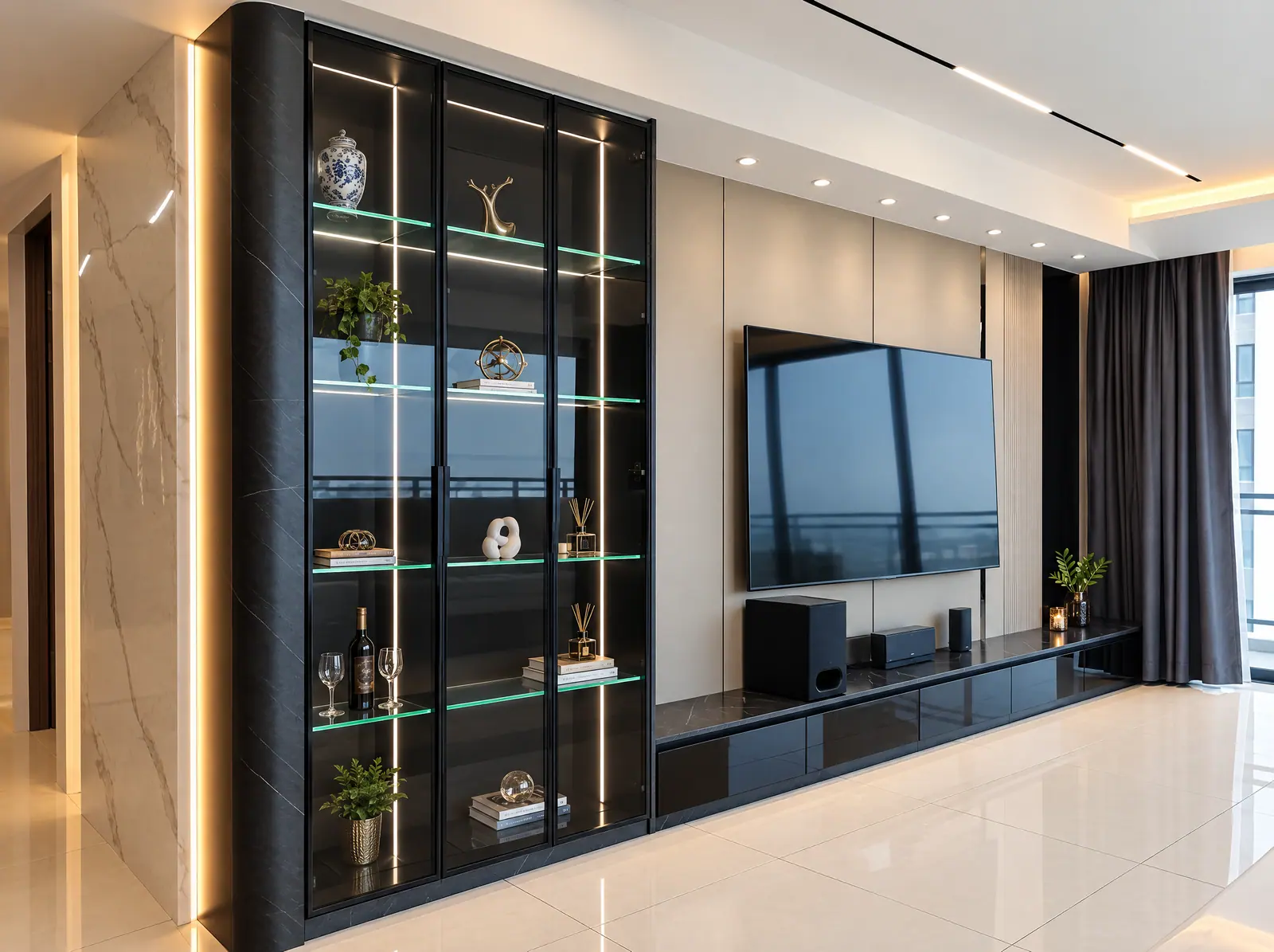 Real Cabchen display cabinets and TV wall